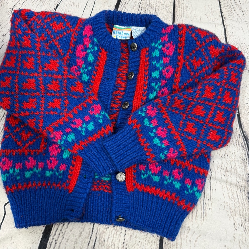 Rainbow Creek Hand Knit Sweater with Red and Blue Accents